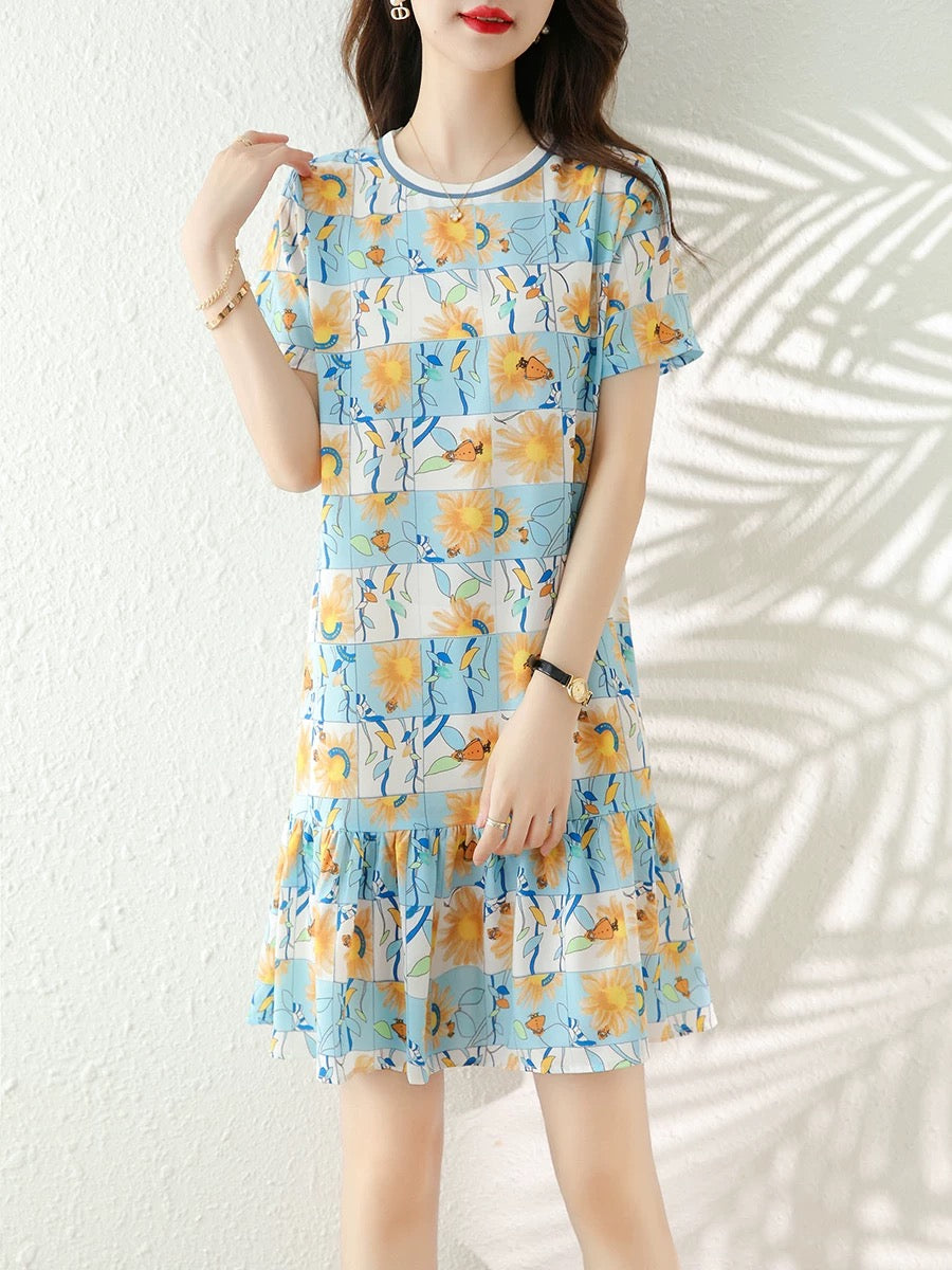 Printed chiffon dress for women European station 2025 summer new style waist slimming small stature fashionable temperament skirt
