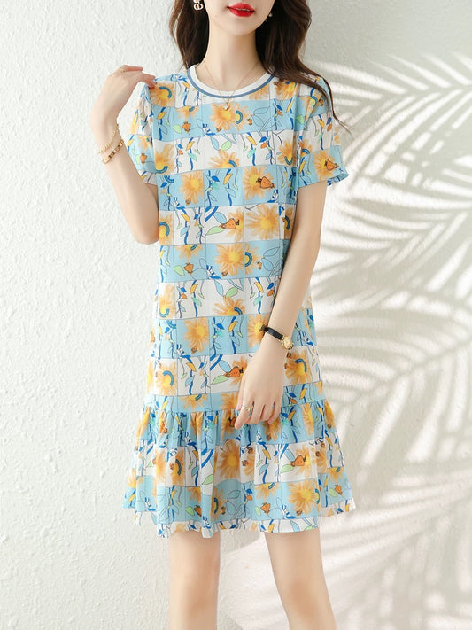 Printed chiffon dress for women European station 2025 summer new style waist slimming small stature fashionable temperament skirt