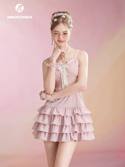Pink sling cake dress for women, summer pure desire, sweet and spicy style, adult ceremony, engagement, graduation day, dinner party, small dress
