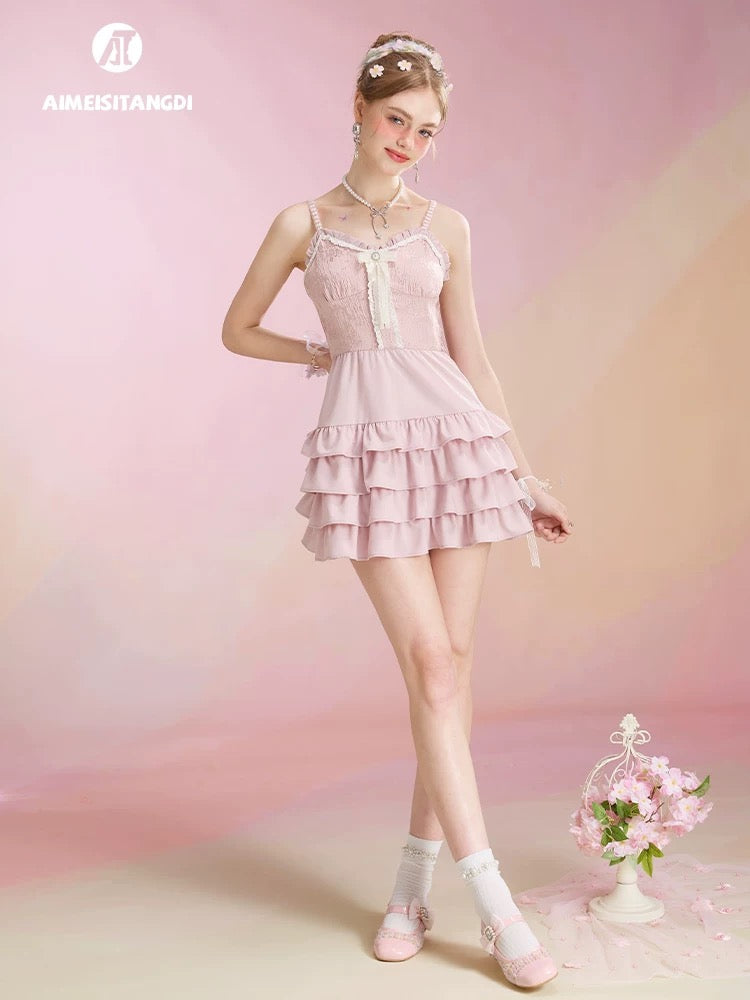 Pink sling cake dress for women, summer pure desire, sweet and spicy style, adult ceremony, engagement, graduation day, dinner party, small dress