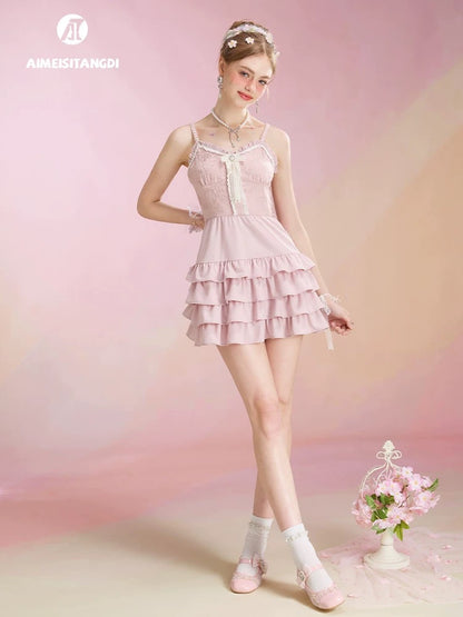 Pink sling cake dress for women, summer pure desire, sweet and spicy style, adult ceremony, engagement, graduation day, dinner party, small dress