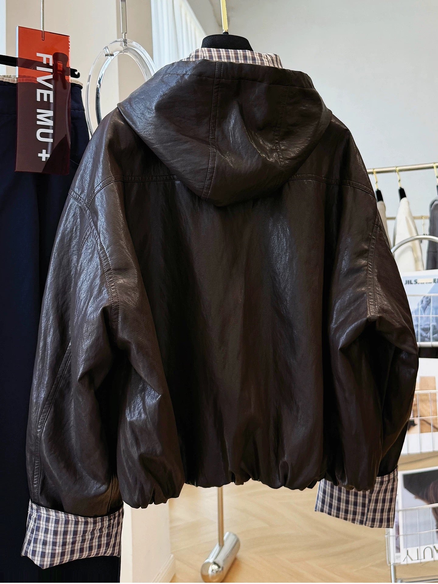2025 super hot hooded leather jacket women's autumn loose casual Korean retro plaid splicing pu leather jacket trend