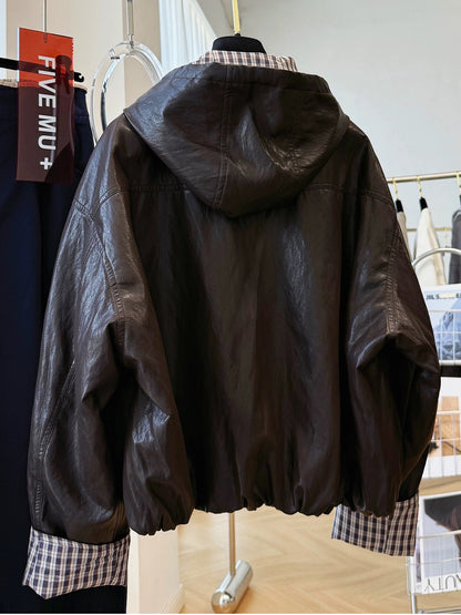 2025 super hot hooded leather jacket women's autumn loose casual Korean retro plaid splicing pu leather jacket trend