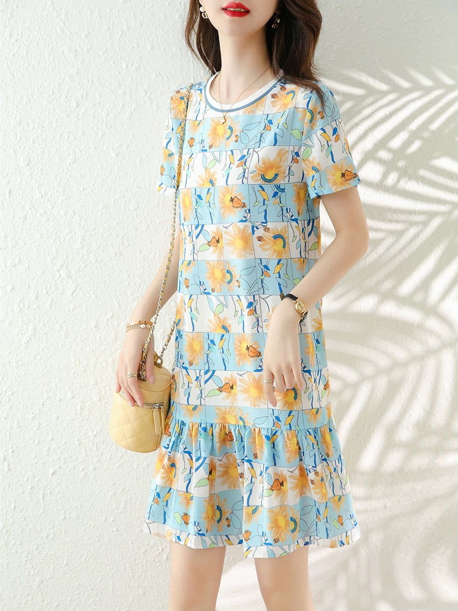 Printed chiffon dress for women European station 2025 summer new style waist slimming small stature fashionable temperament skirt