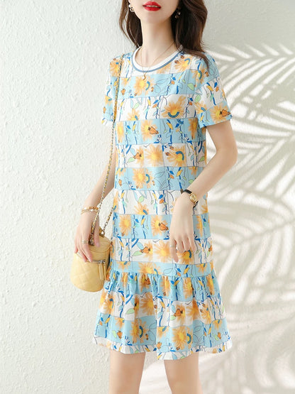 Printed chiffon dress for women European station 2025 summer new style waist slimming small stature fashionable temperament skirt