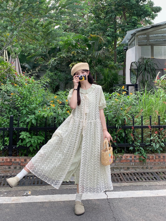 Plus size women's fat mm sweet forest suit women's lace blouse vest skirt ruffle collar dress two-piece summer set