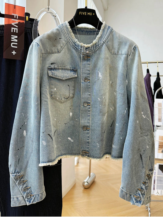 Unique design, raw edge round neck, paint-shedding short denim jacket for women, spring and autumn small size casual jacket tops