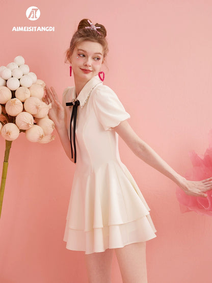 Summer new arrival palace style puff sleeve Tencel dress women's double layered skirt short dress