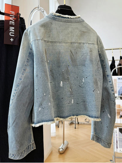 Unique design, raw edge round neck, paint-shedding short denim jacket for women, spring and autumn small size casual jacket tops