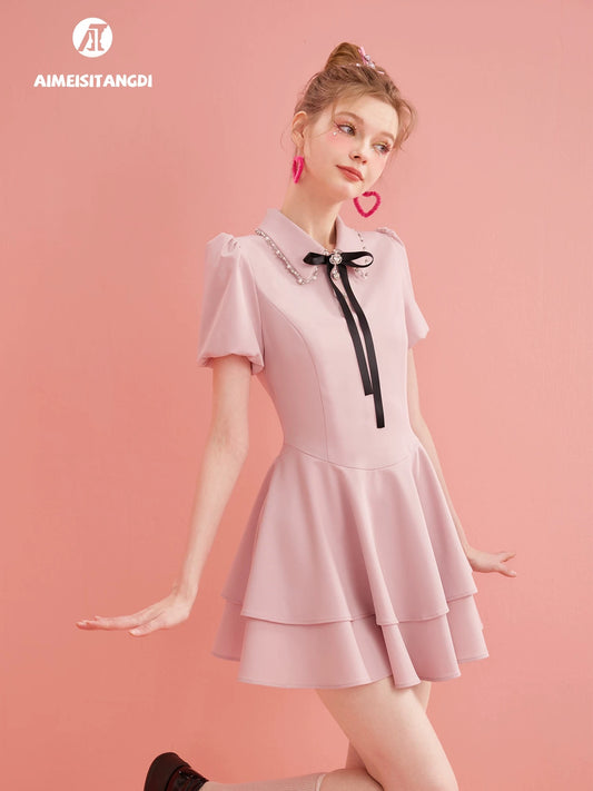 Summer new arrival palace style puff sleeve Tencel dress women's double layered skirt short dress