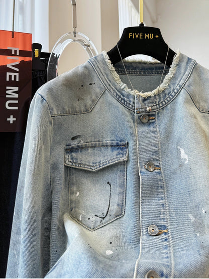 Unique design, raw edge round neck, paint-shedding short denim jacket for women, spring and autumn small size casual jacket tops
