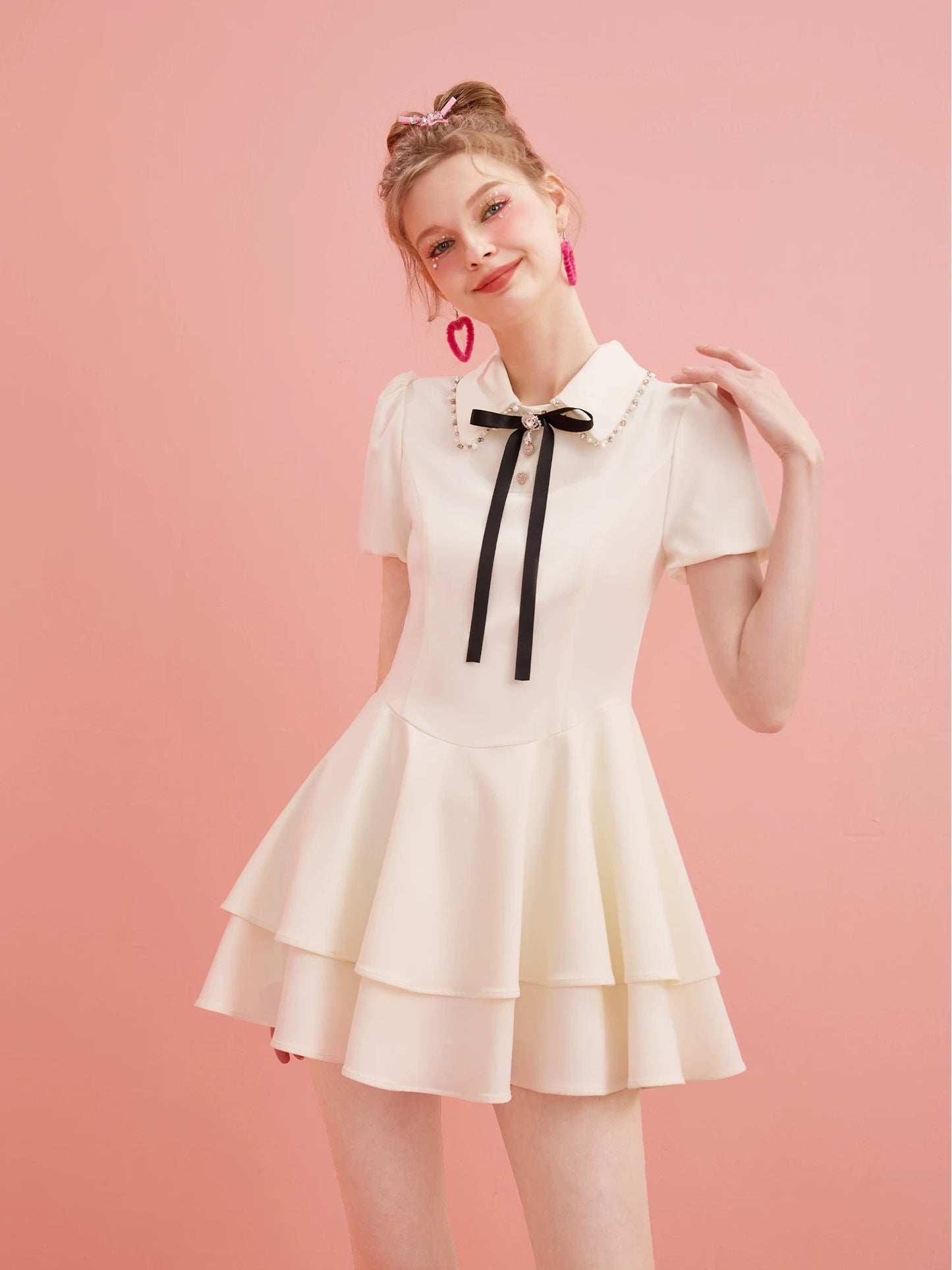 Summer new arrival palace style puff sleeve Tencel dress women's double layered skirt short dress