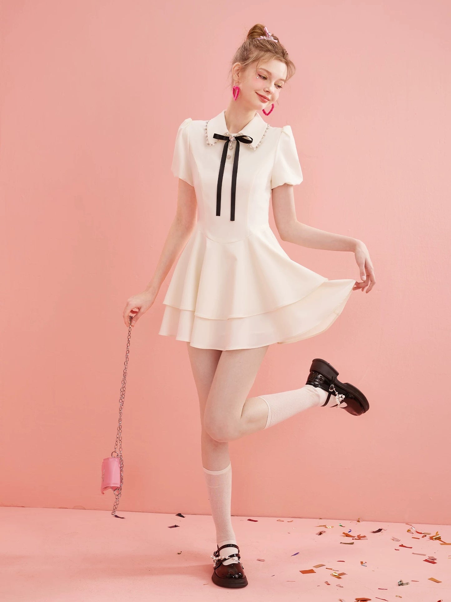 Summer new arrival palace style puff sleeve Tencel dress women's double layered skirt short dress