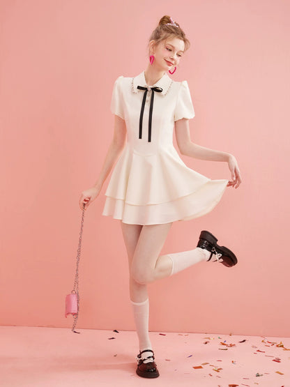Summer new arrival palace style puff sleeve Tencel dress women's double layered skirt short dress