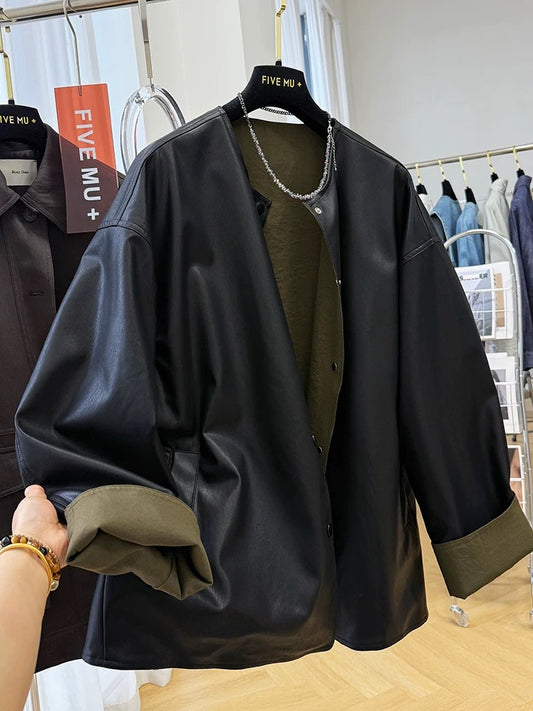 2025 super hot new lazy style loose casual two-sided round neck leather jacket women's spring and autumn pu leather jacket