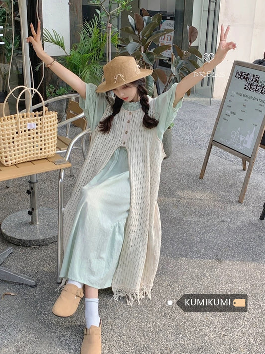 Fashion suit pleated shirt layered dress women's summer niche high-waisted skirt long skirt two-piece set