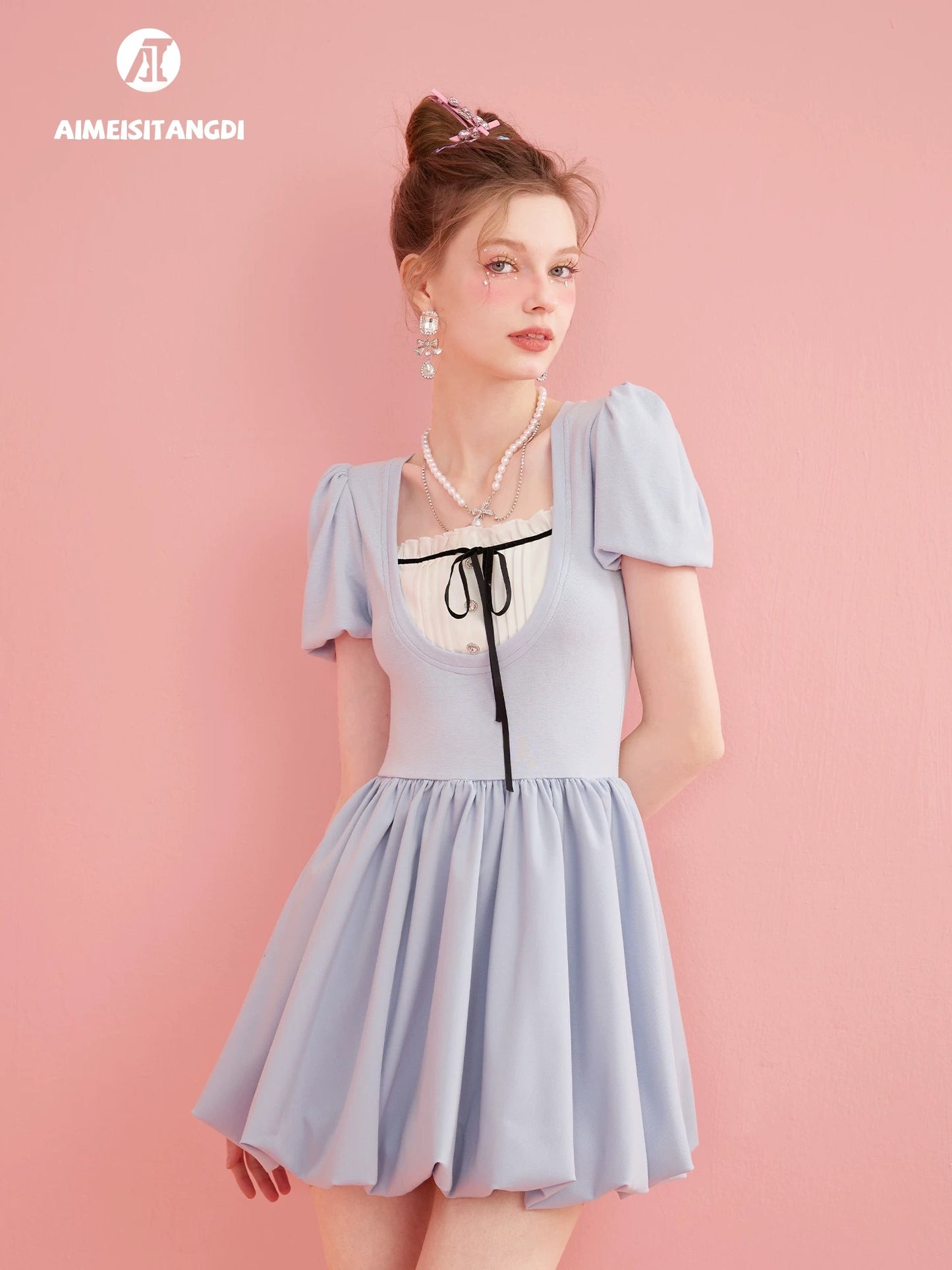 [Marshmallow] Dopamine Pure Desire Dress Women's French Square Neck Short Sleeve Slim Fit Temperament Flower Bud Skirt Mini Dress