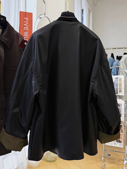 2025 super hot new lazy style loose casual two-sided round neck leather jacket women's spring and autumn pu leather jacket
