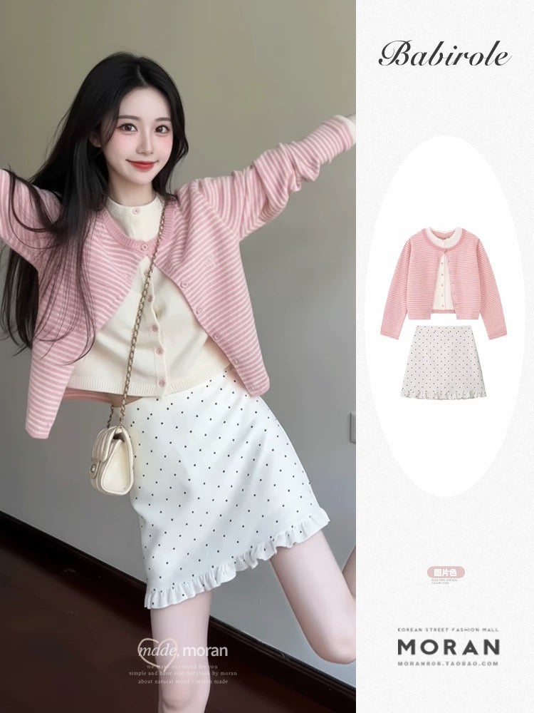 Korean style sweet pink striped knit cardigan and polka dot skirt two-piece set for petite women, perfect for early autumn.