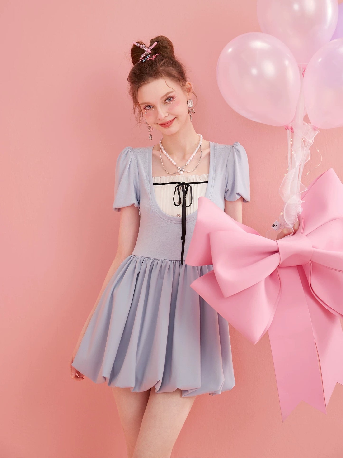 [Marshmallow] Dopamine Pure Desire Dress Women's French Square Neck Short Sleeve Slim Fit Temperament Flower Bud Skirt Mini Dress