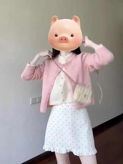 Korean style sweet pink striped knit cardigan and polka dot skirt two-piece set for petite women, perfect for early autumn.
