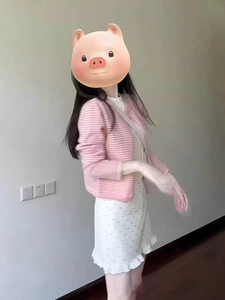Korean style sweet pink striped knit cardigan and polka dot skirt two-piece set for petite women, perfect for early autumn.