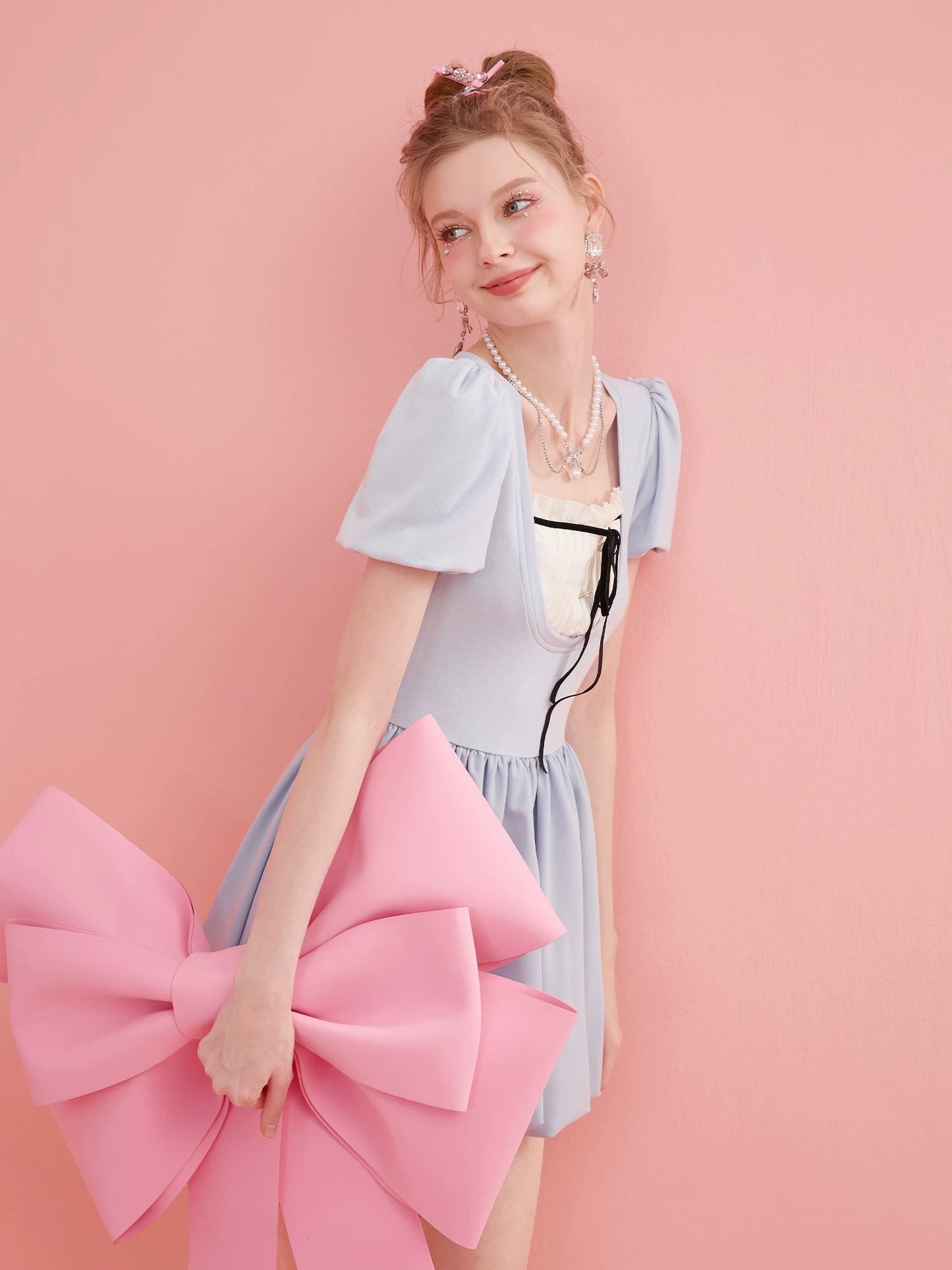 [Marshmallow] Dopamine Pure Desire Dress Women's French Square Neck Short Sleeve Slim Fit Temperament Flower Bud Skirt Mini Dress