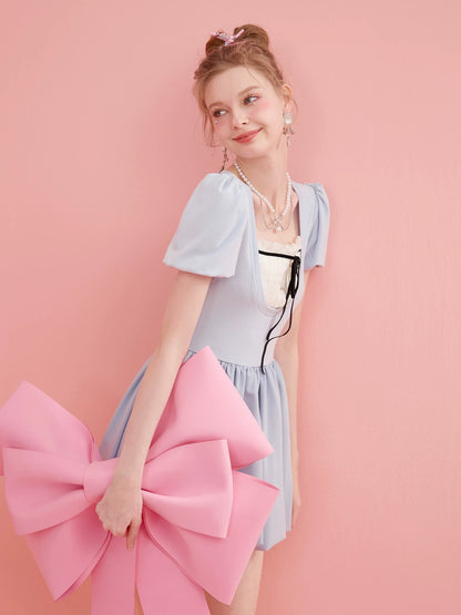 [Marshmallow] Dopamine Pure Desire Dress Women's French Square Neck Short Sleeve Slim Fit Temperament Flower Bud Skirt Mini Dress