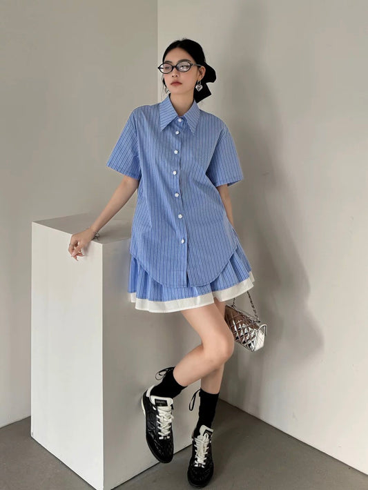 ddgirl design striped short-sleeved loose shirt top + double-layer A-line short skirt two-piece suit