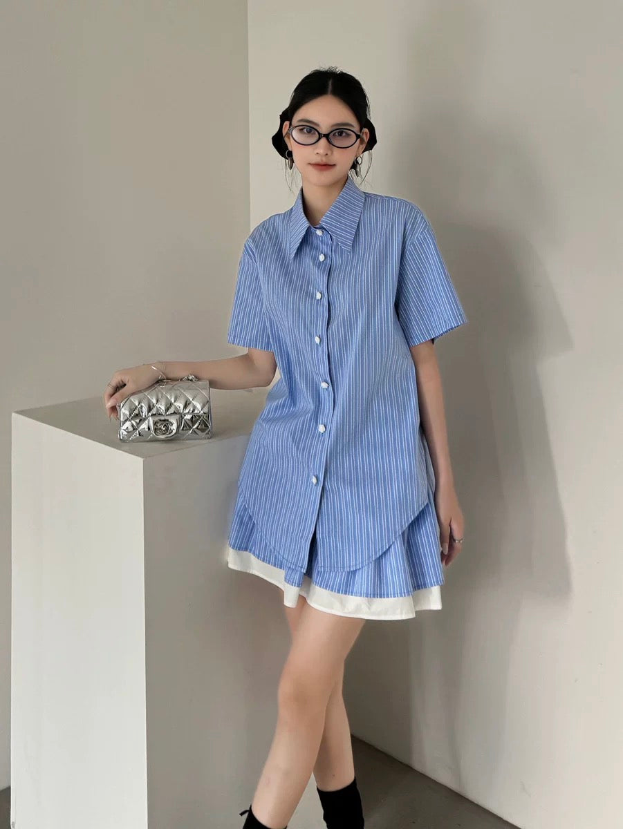 ddgirl design striped short-sleeved loose shirt top + double-layer A-line short skirt two-piece suit
