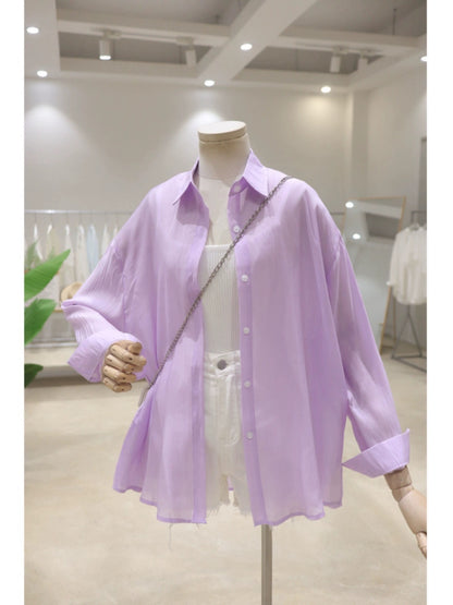 Fresh color, drapey and light, 2024 summer loose, slim, front short, back, long sleeve, sun protection thin shirt, versatile for women