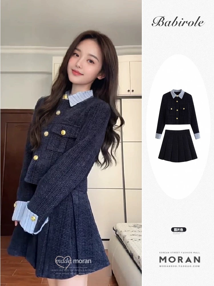 Korean drama heroine's rich heiress style two-piece set with tweed short jacket and skirt, perfect for spring and autumn.