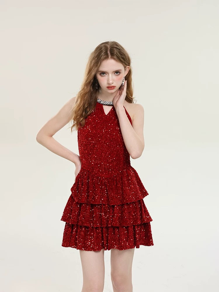 Red light luxury dress female bride engagement wedding toast dress homecoming casual dress dinner party birthday small dress skirt