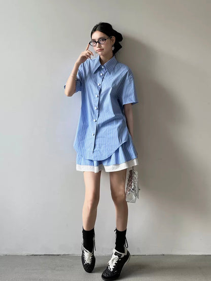 ddgirl design striped short-sleeved loose shirt top + double-layer A-line short skirt two-piece suit