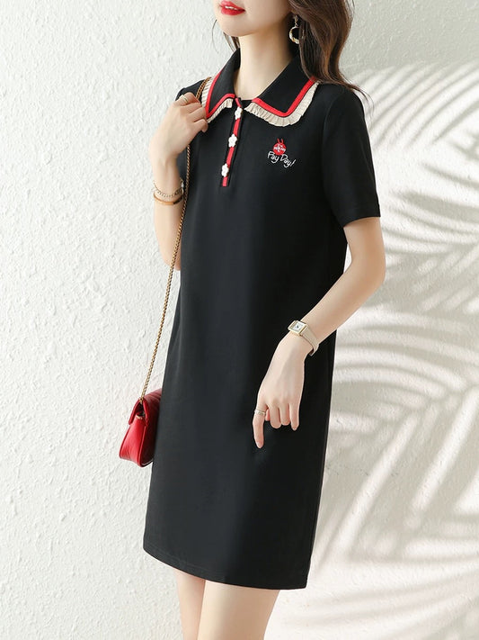 European station 2025 summer new black wood ear sweet skirt summer polo collar casual retro slim dress