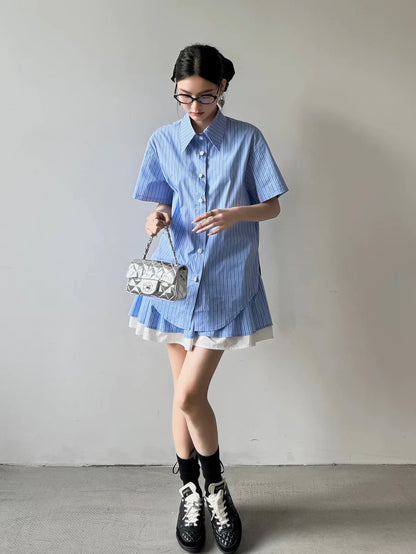 ddgirl design striped short-sleeved loose shirt top + double-layer A-line short skirt two-piece suit