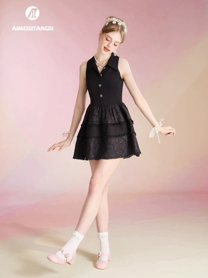Luxury heavy embroidery jacquard thousand gold cake dress female summer French style niche design temperament waist small dress