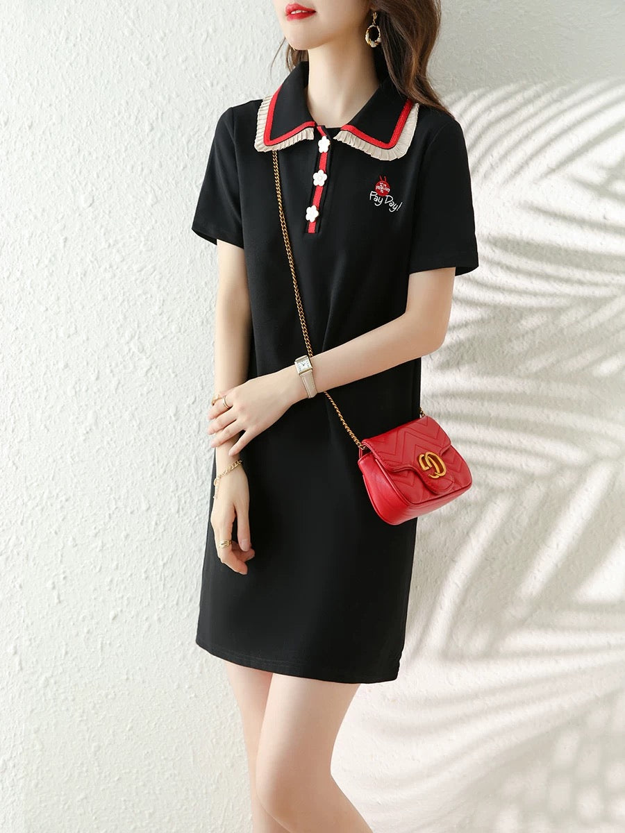 European station 2025 summer new black wood ear sweet skirt summer polo collar casual retro slim dress