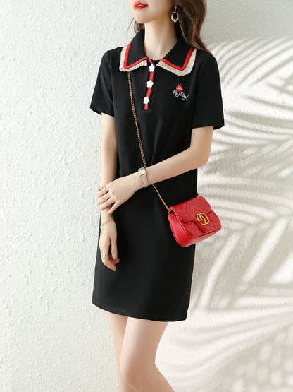 European station 2025 summer new black wood ear sweet skirt summer polo collar casual retro slim dress