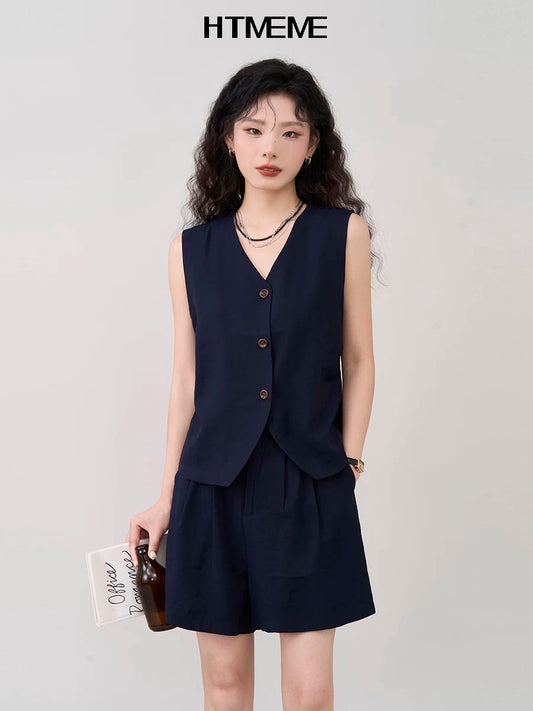 Flower Field Showcase HTmeme Crystal Dream~Korean style solid color vest vest shorts suit women's summer two-piece set