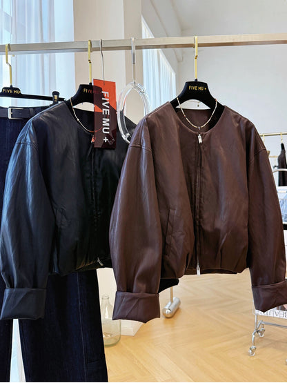 2025 unique super hot round neck small leather jacket for women autumn high-end feeling super good-looking small short pu leather jacket coat
