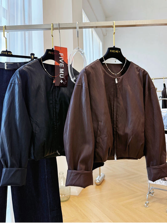2025 unique super hot round neck small leather jacket for women autumn high-end feeling super good-looking small short pu leather jacket coat