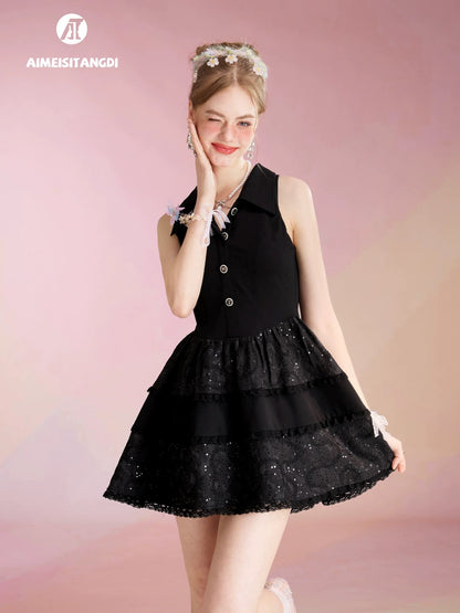 Luxury heavy embroidery jacquard thousand gold cake dress female summer French style niche design temperament waist small dress