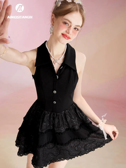 Luxury heavy embroidery jacquard thousand gold cake dress female summer French style niche design temperament waist small dress