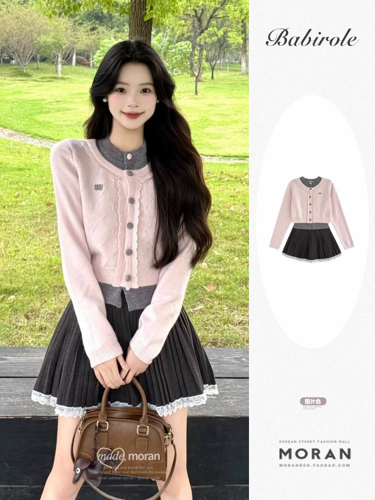 Korean-style autumn OOTD outfit: A unique and stunning two-piece set featuring a faux two-piece knit sweater and skirt.