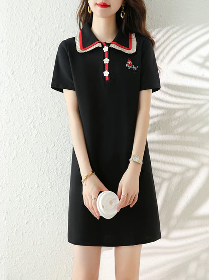 European station 2025 summer new black wood ear sweet skirt summer polo collar casual retro slim dress