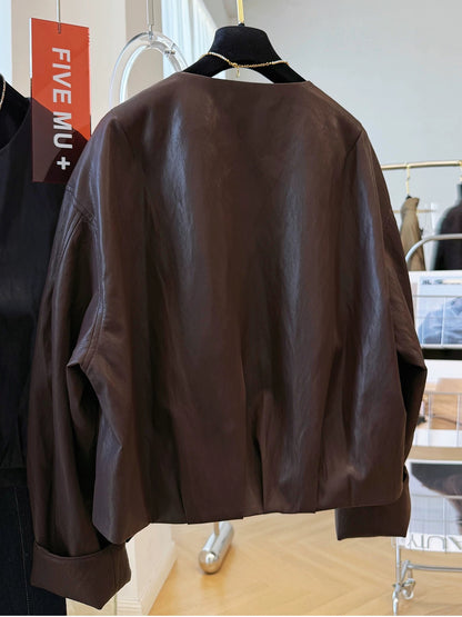 2025 unique super hot round neck small leather jacket for women autumn high-end feeling super good-looking small short pu leather jacket coat