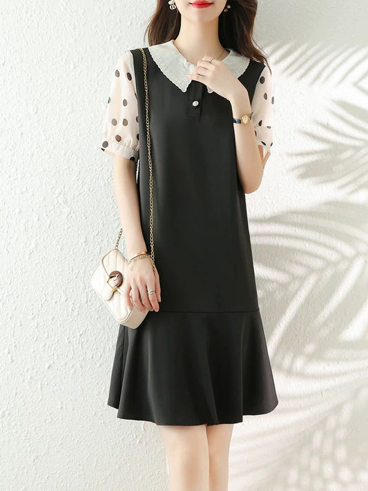 European station 2025 summer new style doll collar A-line skirt puff sleeve polka dot stitching black dress for women