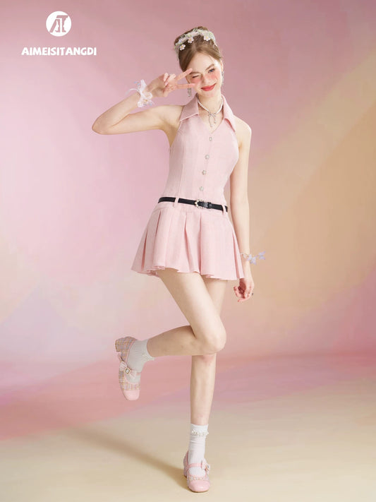 French temperament style pattern dress for women high-end exquisite sweet and spicy waist halter neck pleated small dress