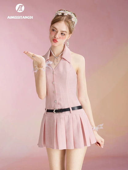 French temperament style pattern dress for women high-end exquisite sweet and spicy waist halter neck pleated small dress